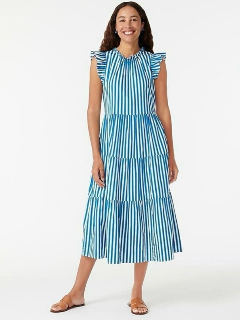 J. Crew Blue and White Striped Ruffle-Sleeve Tiered Dress